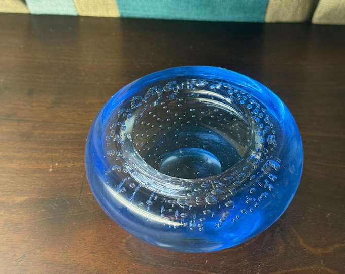 Cobalt Blue Glass Bowl  Mid-Century Italian Controlled Bubble Dish