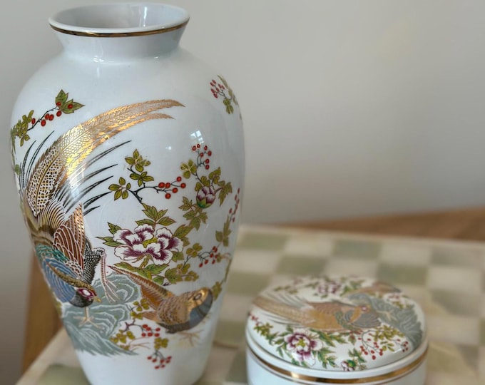 Vintage Japanese Porcelain Vase & Bowl set Butterfly 45 Hand-Painted 1950s-60s