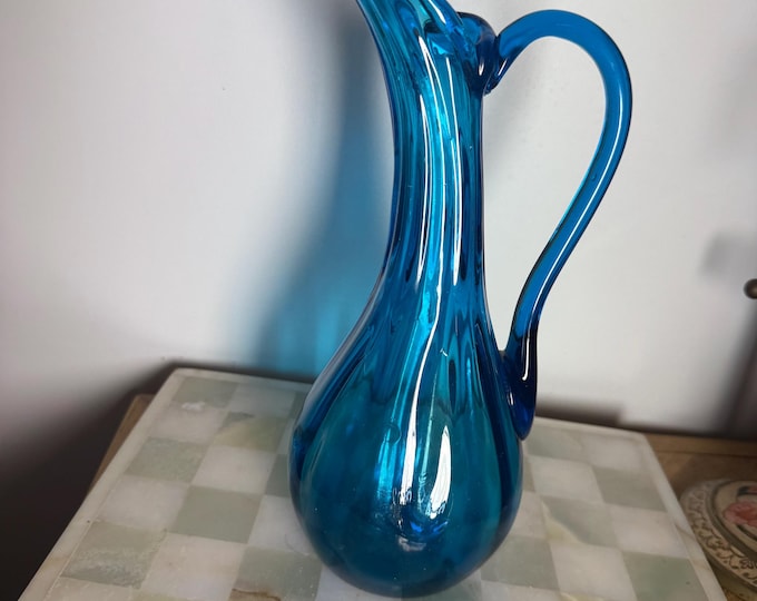 Hand-Blown Blue Art Glass Ewer: Mid-Century Modern Pitcher Vase