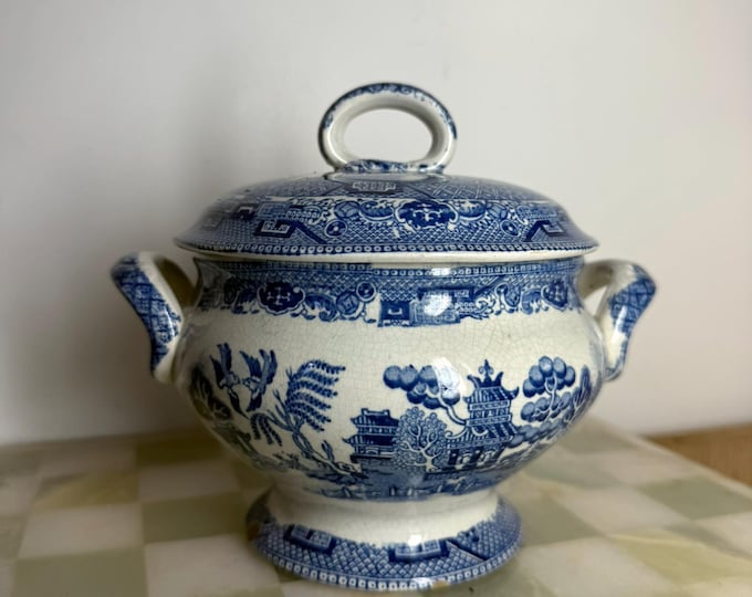 Antique Blue Willow Tureen with Lid  19th Century Staffordshire Transferware
