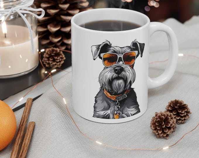 Schnauzer Mug, White Coffee Cup, Cute Dog Tea Mug, Animal Lover Gift, Funny Pet Drinkware, Cool Ceramic Espresso Cup