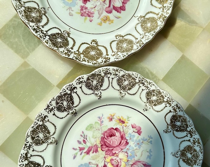 Vintage Floral Bone China Plates - Gold Gilded English Tea Party Decor