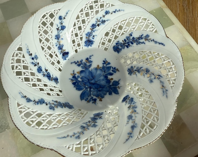 Hand-Painted Reticulated Porcelain Bowl – Blue Floral – SUV Cluj Romania – Vintage European Lattice Bowl