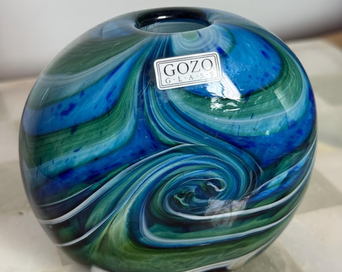 Gozo Glass Malta Vase – Hand-Blown Art Glass Bud Vase in Blue Green Swirls with Original Label