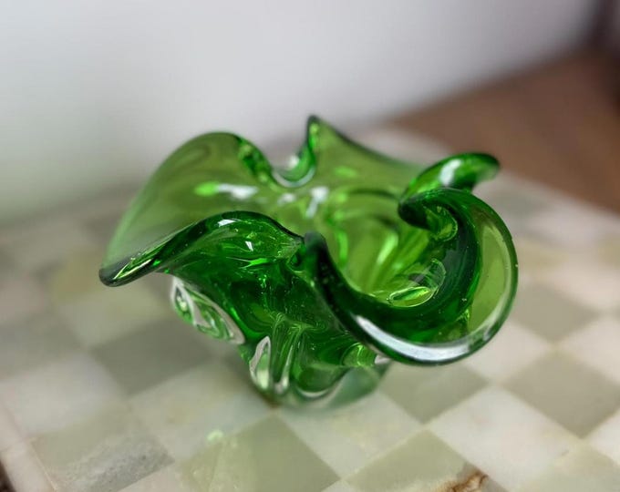 Vintage Murano Green Art Glass Bowl  Handblown Mid-Century Decorative Dish