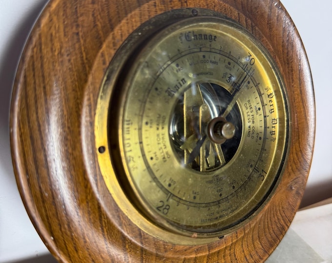 Vintage Smiths Barometer – Brass & Wood Wall-Mounted Weather Instrument – Made in England