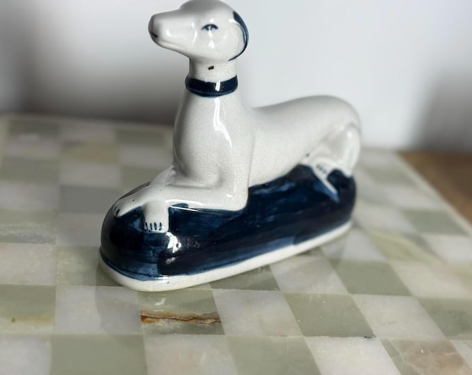 Vintage Ironstone China Greyhound / Whippet Figurine Blue & White Ceramic Dog