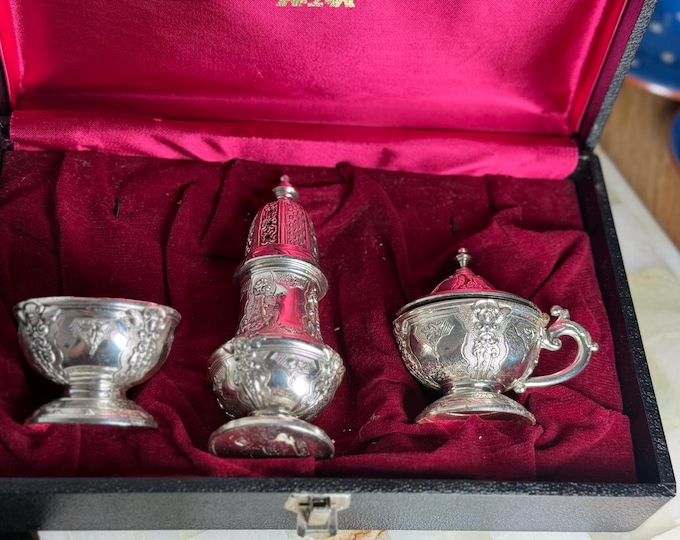 Antique silver‑plated cruet set with cobalt glass liners (3‑piece)