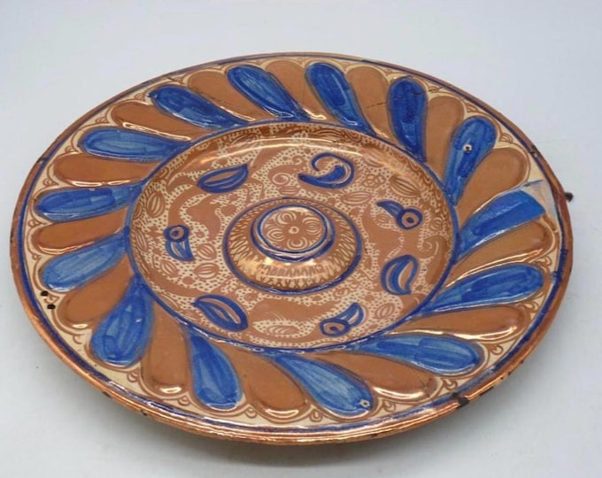 Antique Hispano-Moresque Manises Dish Lustre Cobalt Blue Wall Plate Repaired