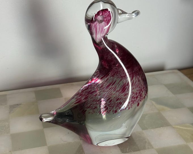 Vintage Wedgwood Cranberry Glass Duck: Hand-Blown Art Glass Figurine, Signed
