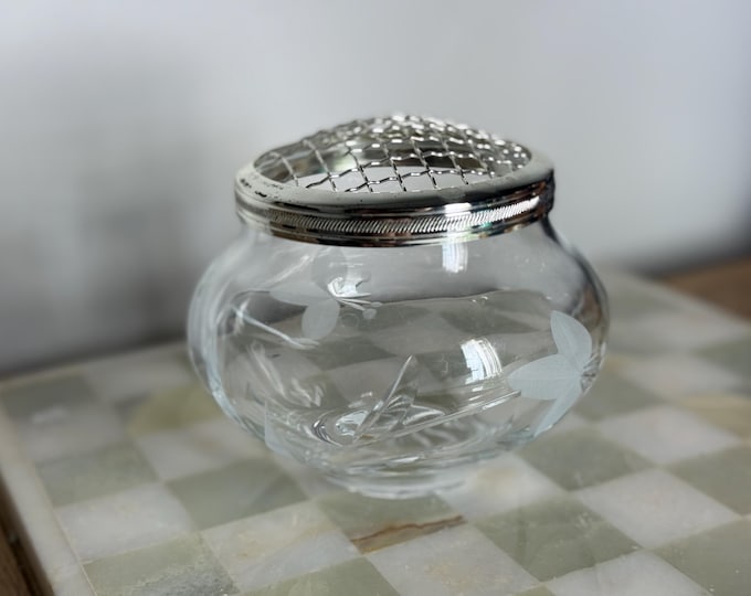 Vintage Cut Glass Rose Bowl: Etched Floral Posy Vase with Metal Frog Lid