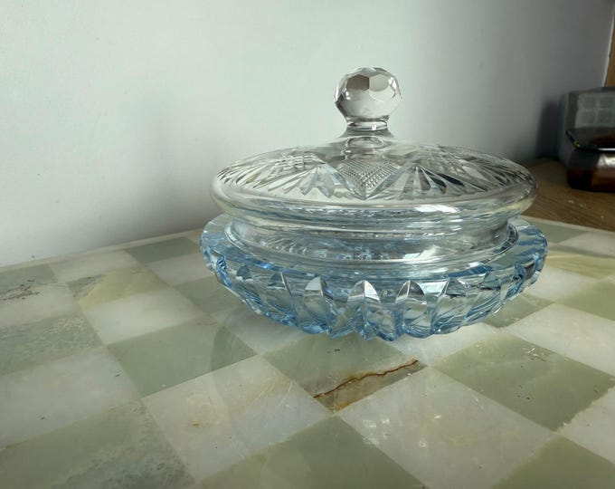Vintage Blue Cut Glass Lidded Bowl – Diamond Cut Covered Dish