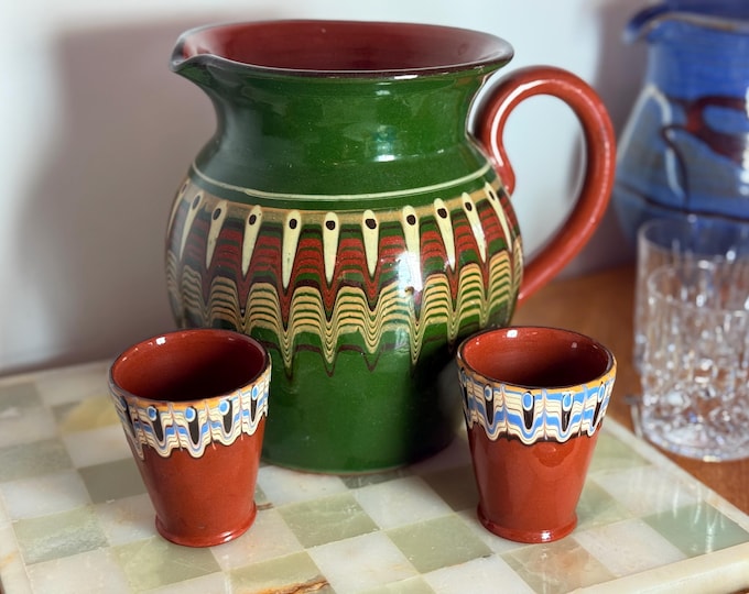 Vintage Marbled Slipware Pitcher Tumbler Set Folk Art Pottery Jug & Cups Eastern European or Italian