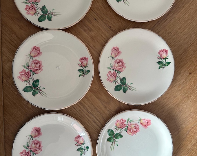 Vintage Rose Bouquet Plates (Set of 6) - 23K Gold Trimmed English China