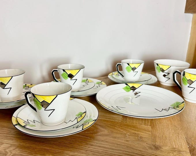 Vintage Art Deco CWS Windsor China Hand Painted Tea Set Geometric 1930s 12-Piece