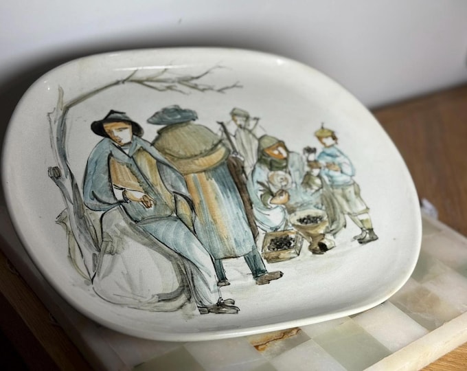 Vintage Hand Painted Ceramic Charger  Rustic Portuguese Market Scene