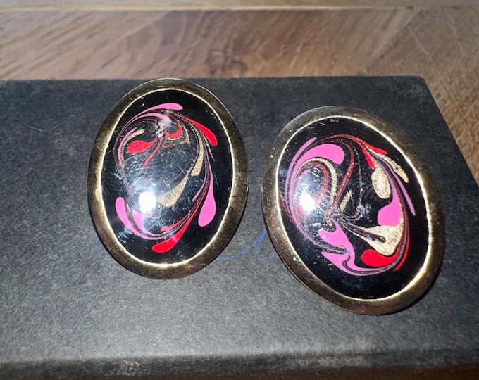 Vintage Enamel Swirl Earrings 80s Jewelry Gold-Tone Studs Retro Pink Red Purple