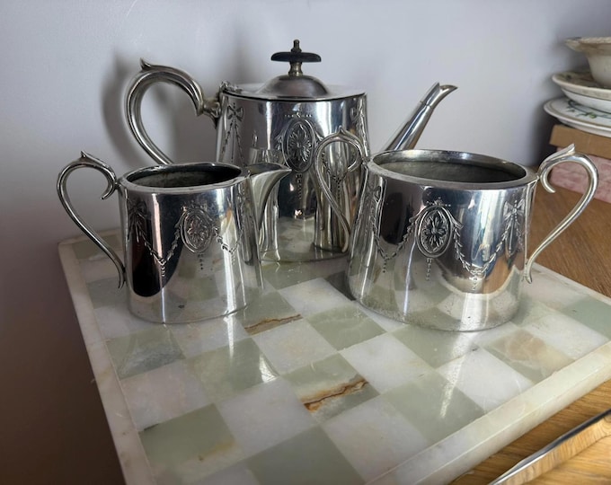 Antique Silver Plated Tea Set Edwardian Style Teapot Cream Jug Sugar Bowl
