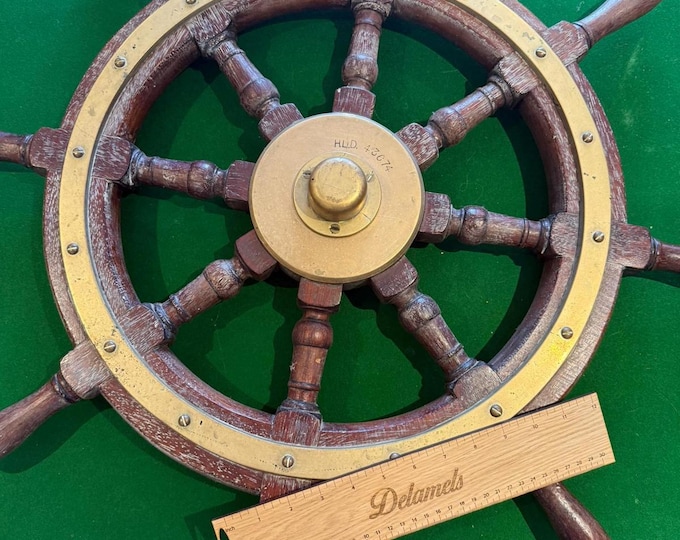 Antique Ship's Wheel 32″ Wooden, Brass Helm Harbour & Light Dept Nautical