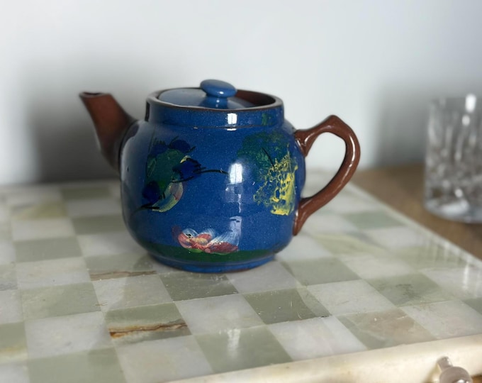 Vintage Hand Painted Blue Stoneware Teapot – Rustic Bird & Floral Design