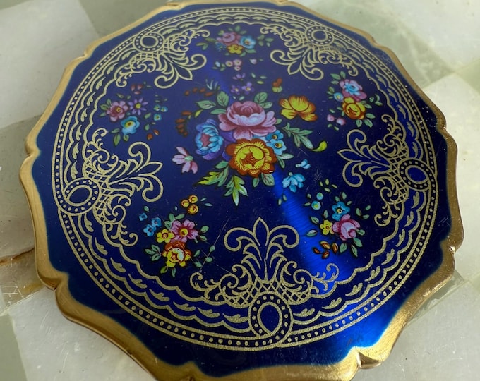 Vintage Blue Enamel Compact Mirror with Floral Gilt Design Made in England