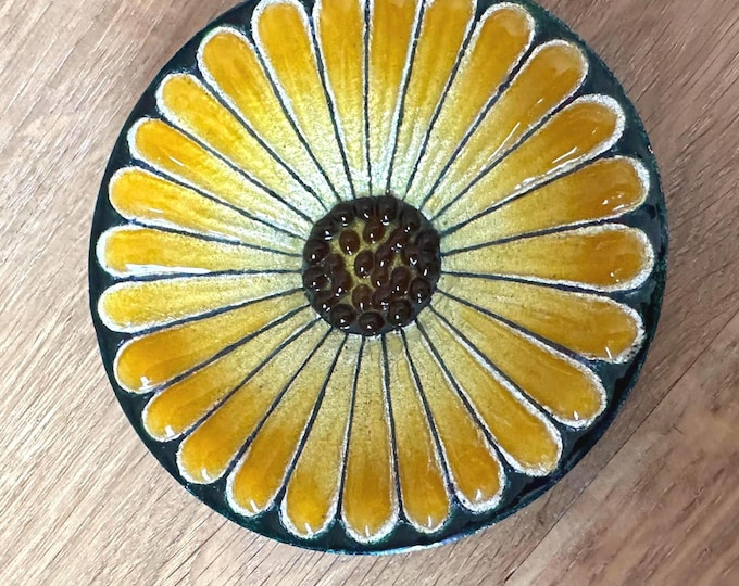 Vintage Lucie Dadat Limoges Enamel Dish  Sunflower MCM French Cloisonné