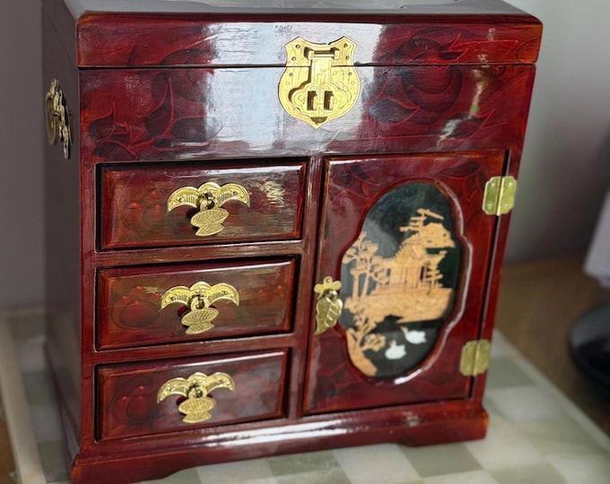 Oriental Wooden Jewelry Cabinet with Nested Trays – Handcrafted Lacquer Chest