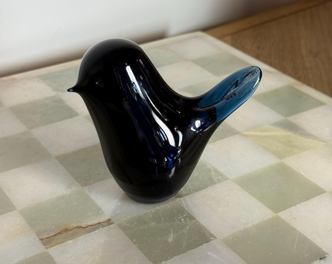 Wedgwood Glass Bird Figurine: Hand Blown Midnight Blue & Cobalt, Signed Vintage Studio Glass