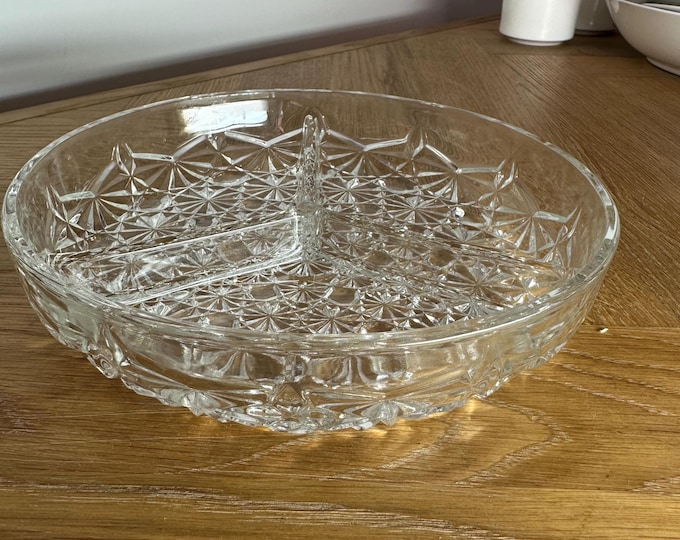 Vintage Lead Crystal Serving Dish: Starburst Relish Tray, Mid-Century Entertaining