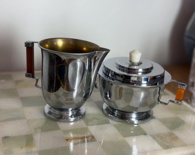 Art Deco British Chrome Cream & Sugar Set | Bakelite Handles | Chromium Plated | 1930s Vintage Tea Set
