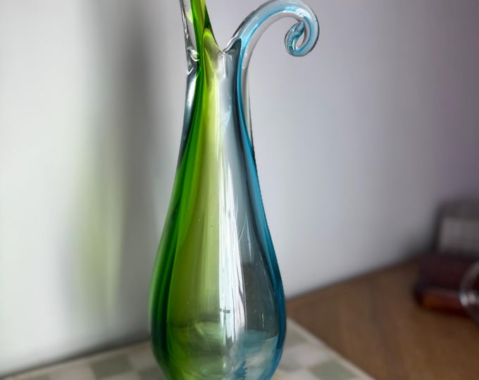 Murano Style Art Glass Vase - Tall Green Blue Freeform Swirl Design