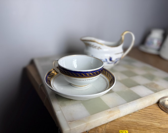 Antique Derby Porcelain Teacup & Saucer and Sauce Boat – Blue Gold Decoration – Early 19th Century