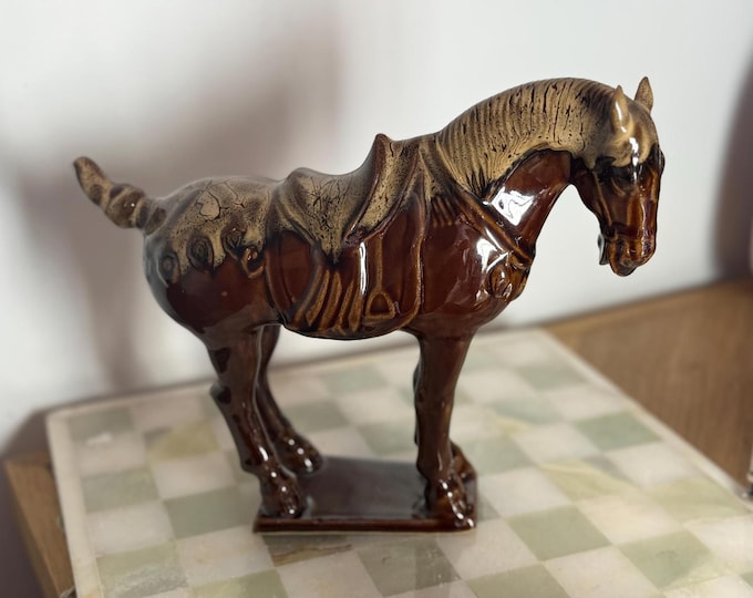 Vintage Chinese Tang-Style Ceramic Horse Brown Glazed Pottery Marked China