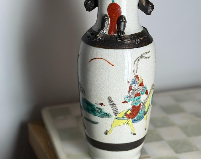 Satsuma-Style Crackle Glaze Vase  Warrior Scenes  Mask Handles