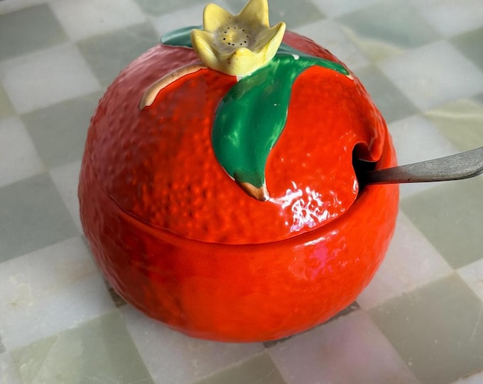 Vintage Carltonware Orange Ceramic Hand Painted sugar/conserve Bowl, EPNS Spoon