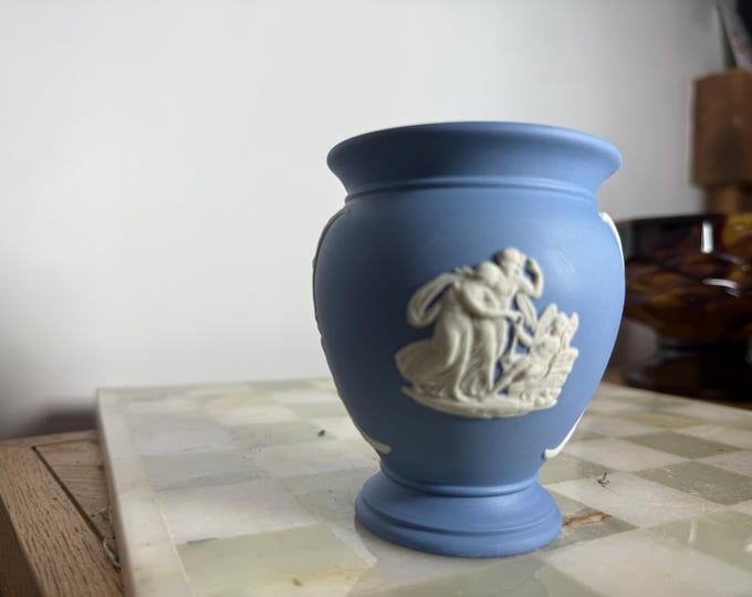 Vintage Wedgwood Blue Jasperware Miniature Vase – Classical Relief Spill Vase – 1970s Made in England