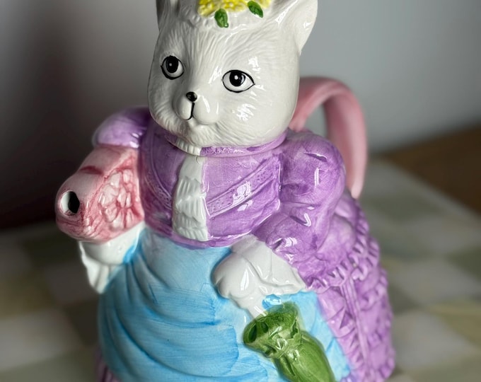 Vintage Ceramic Cat Teapot – Lady Cat in Dress Figurine Teapot (Repaired)
