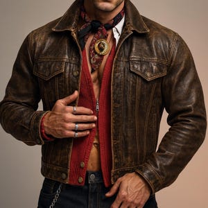 Op de afbeelding: Bruine leren jas met een verweerde afwerking, kraag en knoopzakken. Gedragen over een rode trui en een donkere jeans. Een sjaal met patroon en een gouden hanger voegen details toe. De jas heeft een ritssluiting.