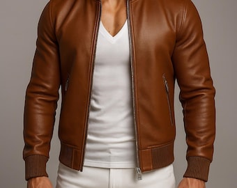 Chaqueta bomber de piel de oveja marrón coñac: corte entallado, doble cremallera