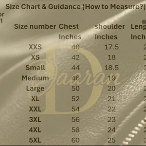 May include: Size chart with chest, shoulder, length, and sleeve measurements in inches. Sizes range from XXS to 5XL, with chest sizes from 40 to 60 inches. Includes guidance on how to measure for a proper fit.