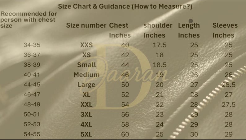 May include: Size chart with chest, shoulder, length, and sleeve measurements in inches. Sizes range from XXS to 5XL, with chest sizes from 40 to 60 inches. Includes guidance on how to measure for a proper fit.