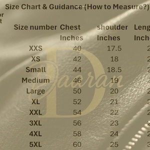 Pu&ograve; includere: Tabella delle taglie con misure in pollici per petto, spalle, lunghezza e maniche. Include taglie dalla XXS alla 5XL, con misure del petto da 101.6 cm a 152.4 cm. La tabella &egrave; su uno sfondo strutturato.