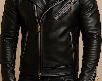 Chaqueta de motociclista de piel de oveja para hombre: corte entallado estilo motociclista