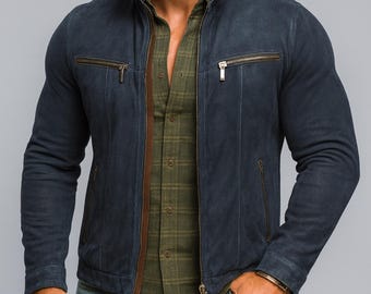 Men's Navy Blue Suede Leather Moto Jacket: Slim Fit Leather Outerwear