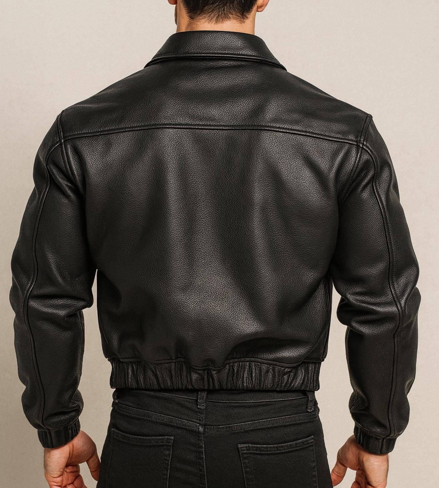 Men's Black Sheep Leather Bomber Jacket: Cropped Relaxed Fit Men's Black Sheep Leather Bomber Jacket: Cropped Relaxed Fit