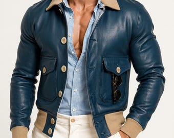 Men’s Blue Leather Aviator Jacket | Slim Fit Bomber Style Outerwear | Azure Falcon by Daaran
