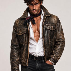 May include: A distressed brown leather jacket with a pointed collar, button-front closure, and two chest pockets. The jacket is worn over a crisp white button-down shirt, a dark patterned neckerchief, and black denim jeans with a black leather belt.