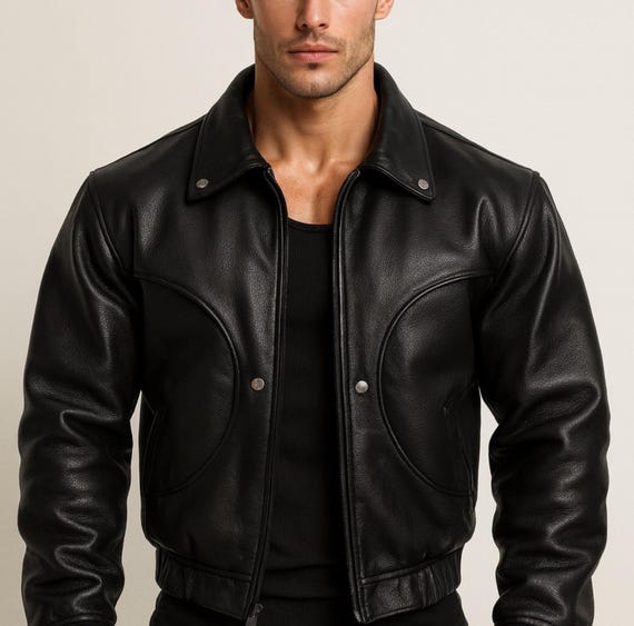 Men's Black Sheep Leather Bomber Jacket: Cropped Relaxed Fit