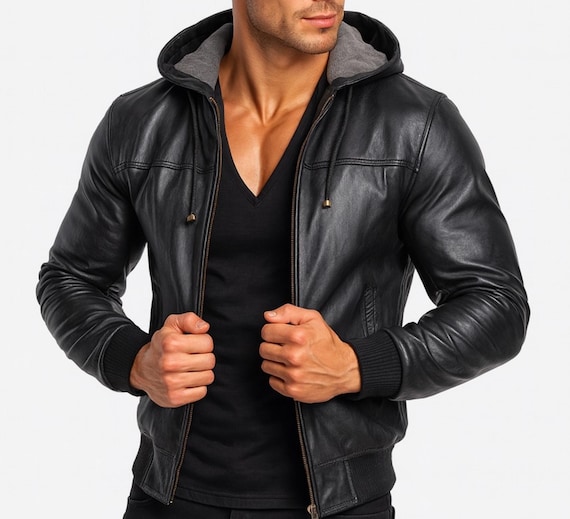 00s【archive】 sheep leather hoodie BLACK Men's Lamb Leather Hoodie Jacket with Detachable Hood - Boutique of