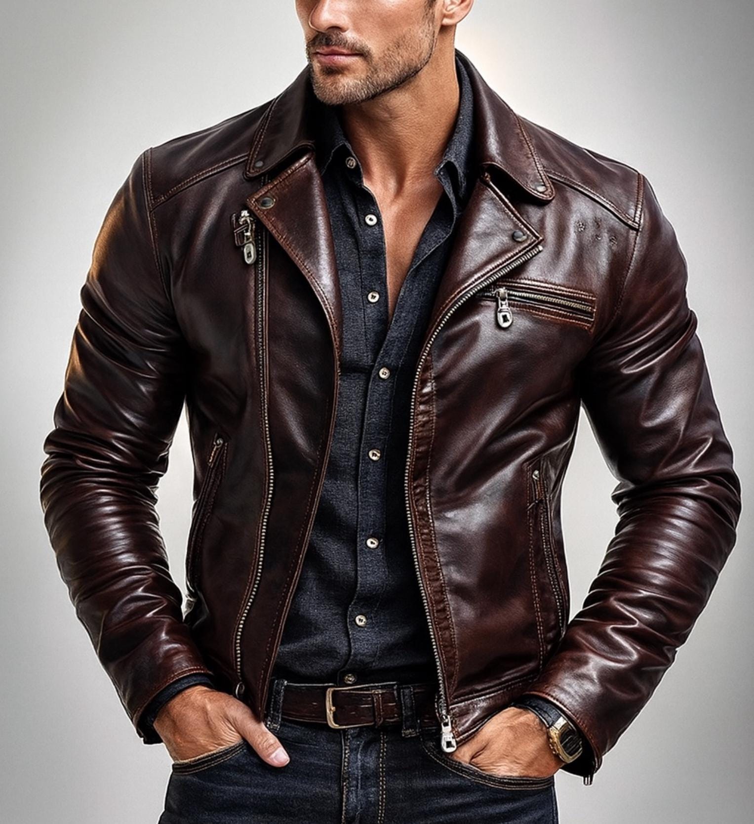 Vintage Cognac Sheep Leather Moto Jacket – Slim Fit, Handcrafted